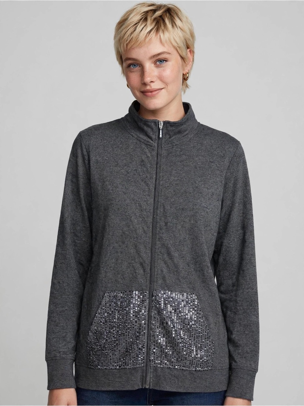 QUACKER Factory Gray Women's Zip-Up Jacket with Sequin Pocket NWOT